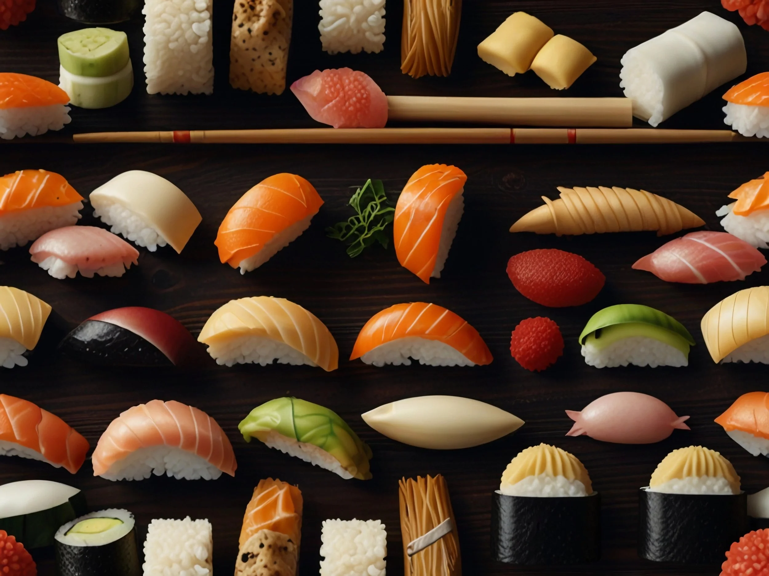 Assortment of nigiri sushi with salmon, tuna and other fish arranged on a dark wooden surface, Tokyo