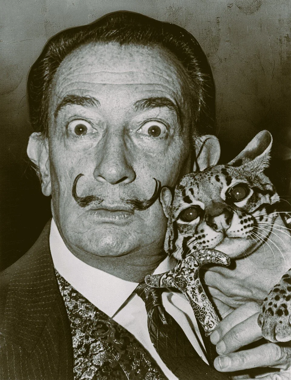 A black and white portrait of Salvador Dalí