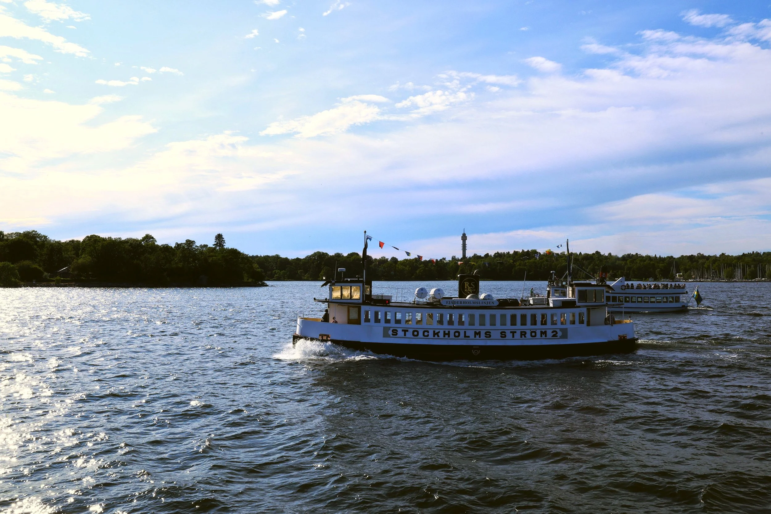 Small passenger boat on choppy water near a wooded shoreline in the Stockholm archipelago