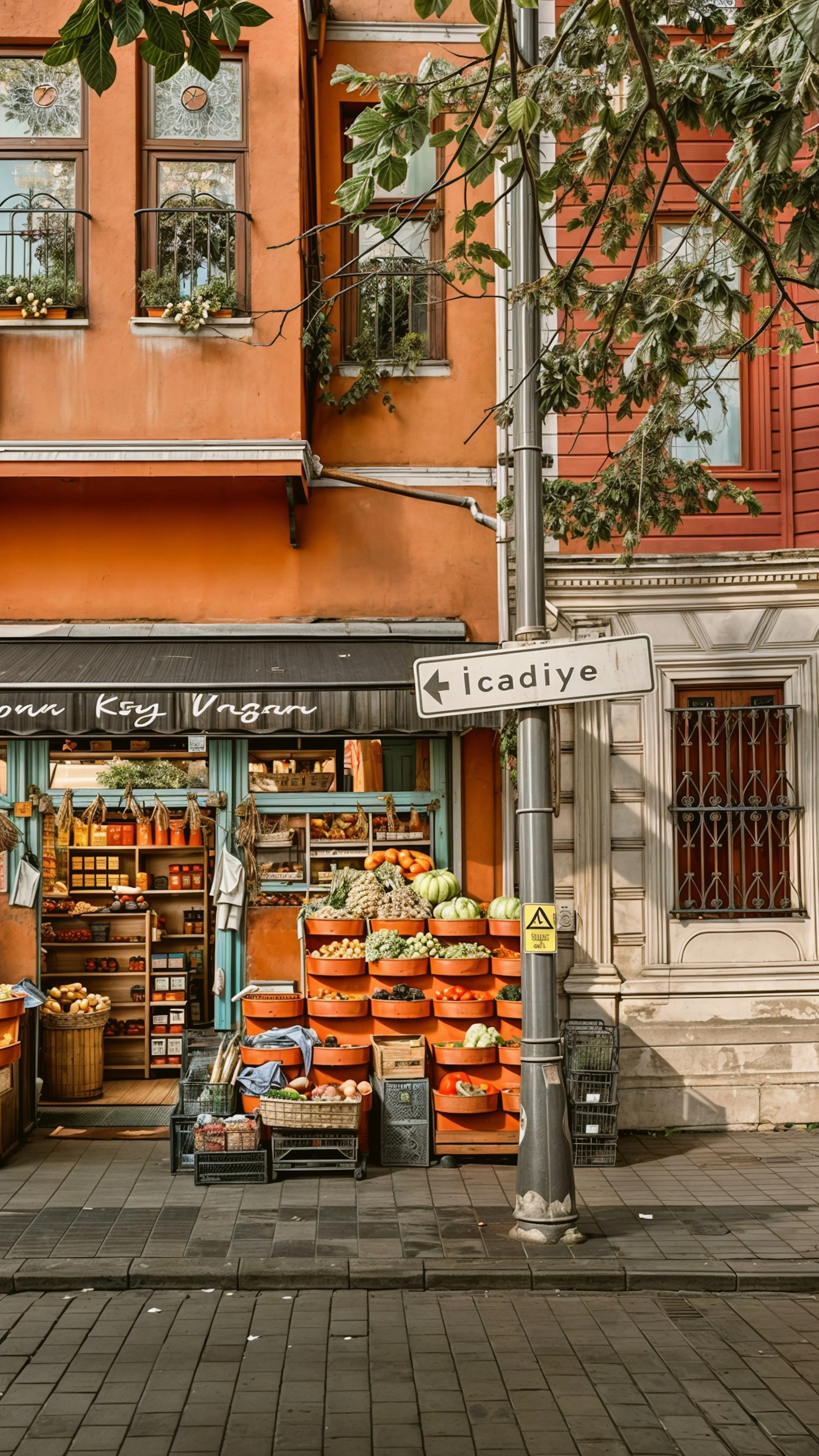 Storefront with crates of orange produce displayed outside a brick building, Kadikoy.