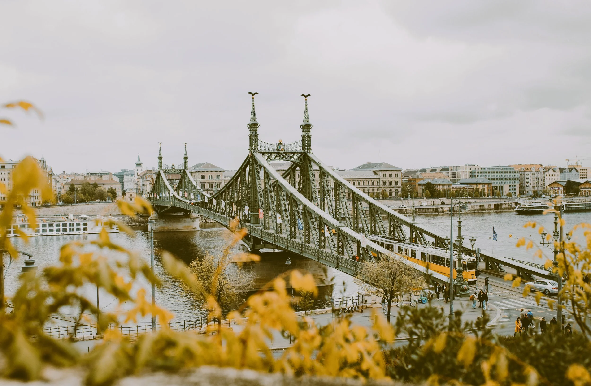 Green steel Liberty Bridge (Szabadság híd) framed by yellow autumn leaves, Budapest