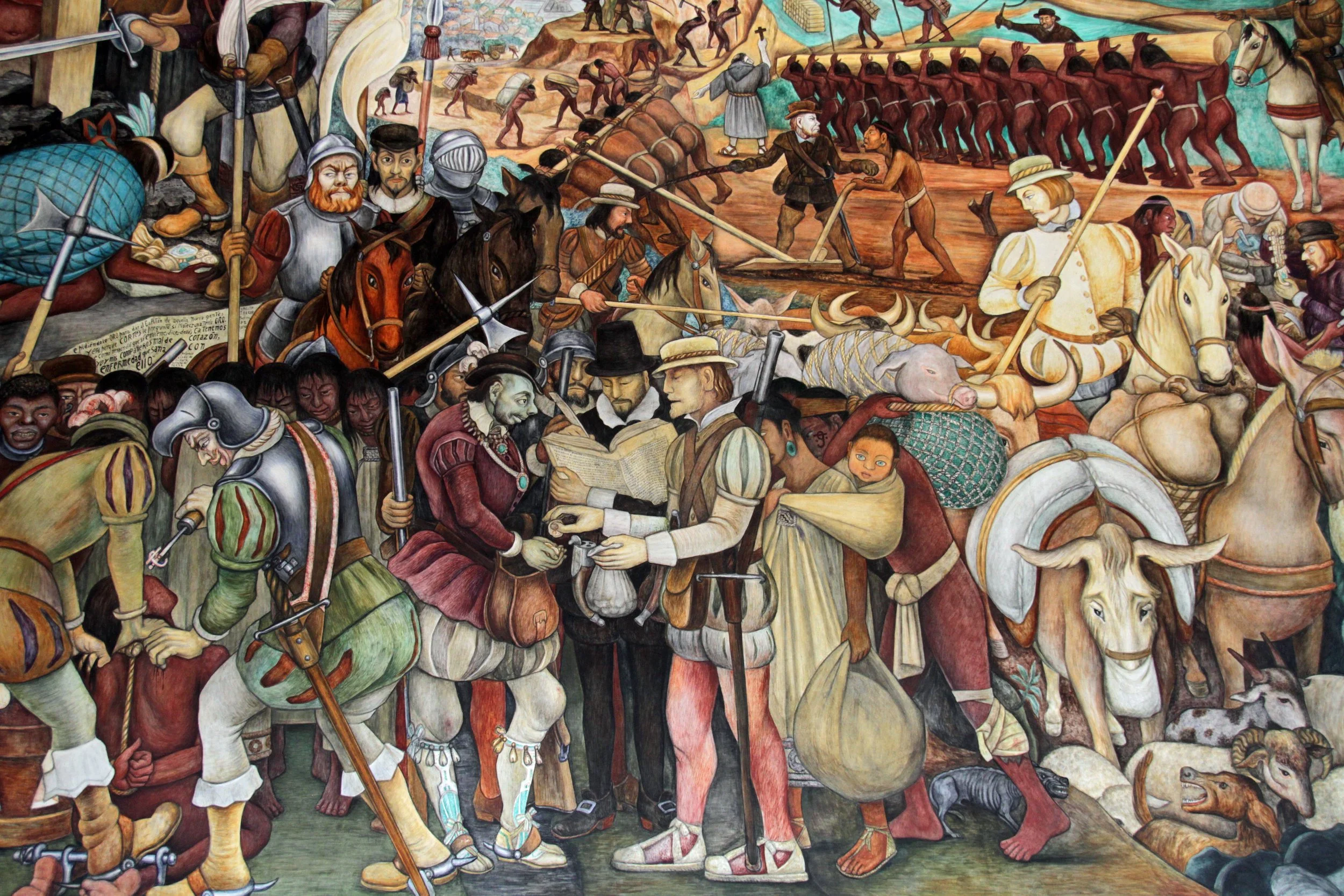 Diego Rivera mural with a crowded scene of figures in colorful, richly detailed historical costumes, Mexico City.