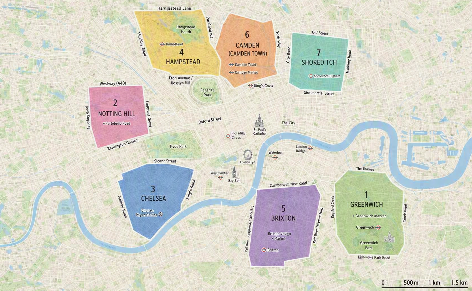 Illustrated map of London's neighborhoods along the River Thames.