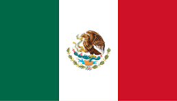 The flag of Mexico with green, white, and red vertical stripes and an emblem of an eagle perched on a cactus with a snake in its beak.