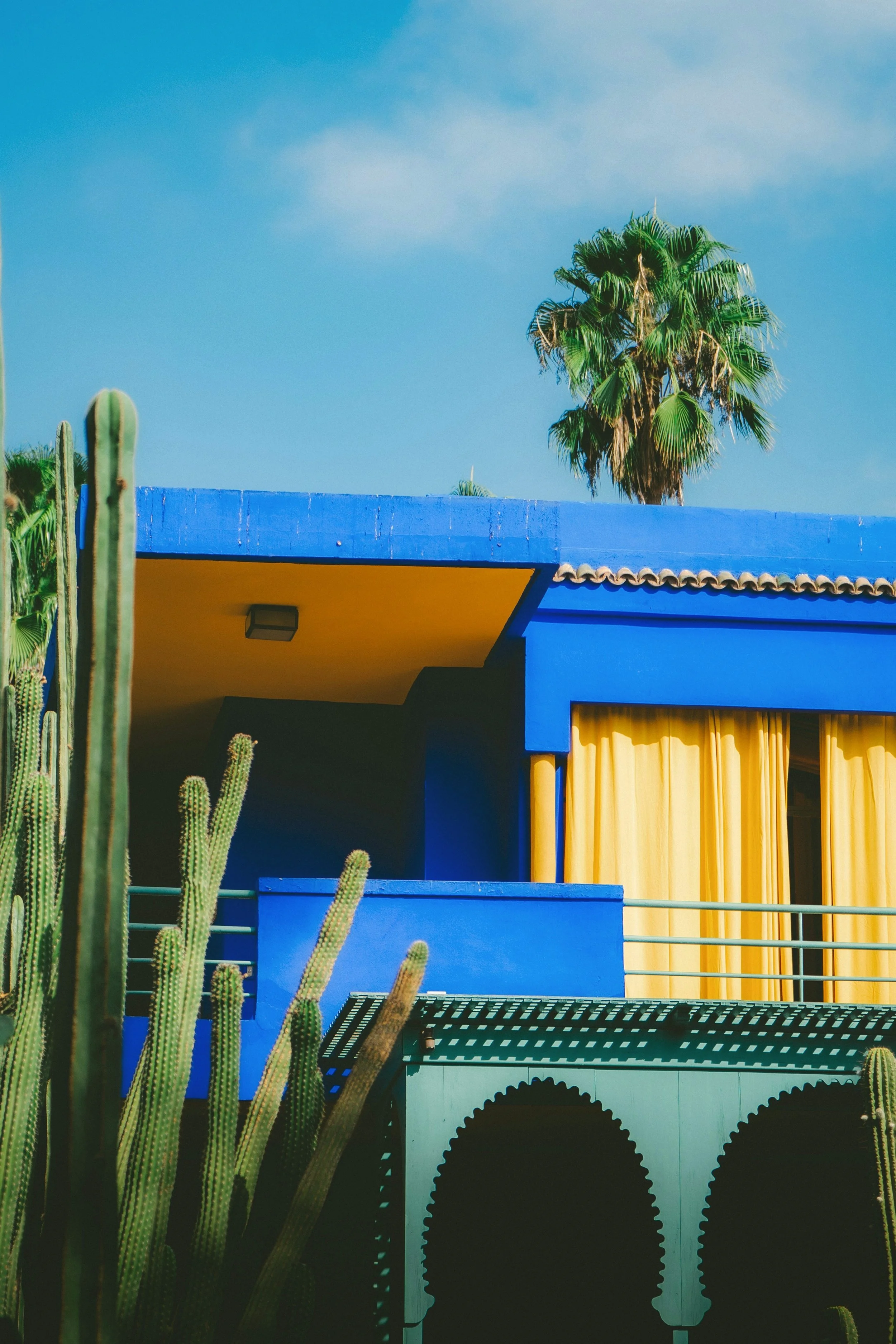 Cobalt-blue villa with yellow awnings, a palm tree and cacti in the foreground, Jardin Majorelle, Marrakech.