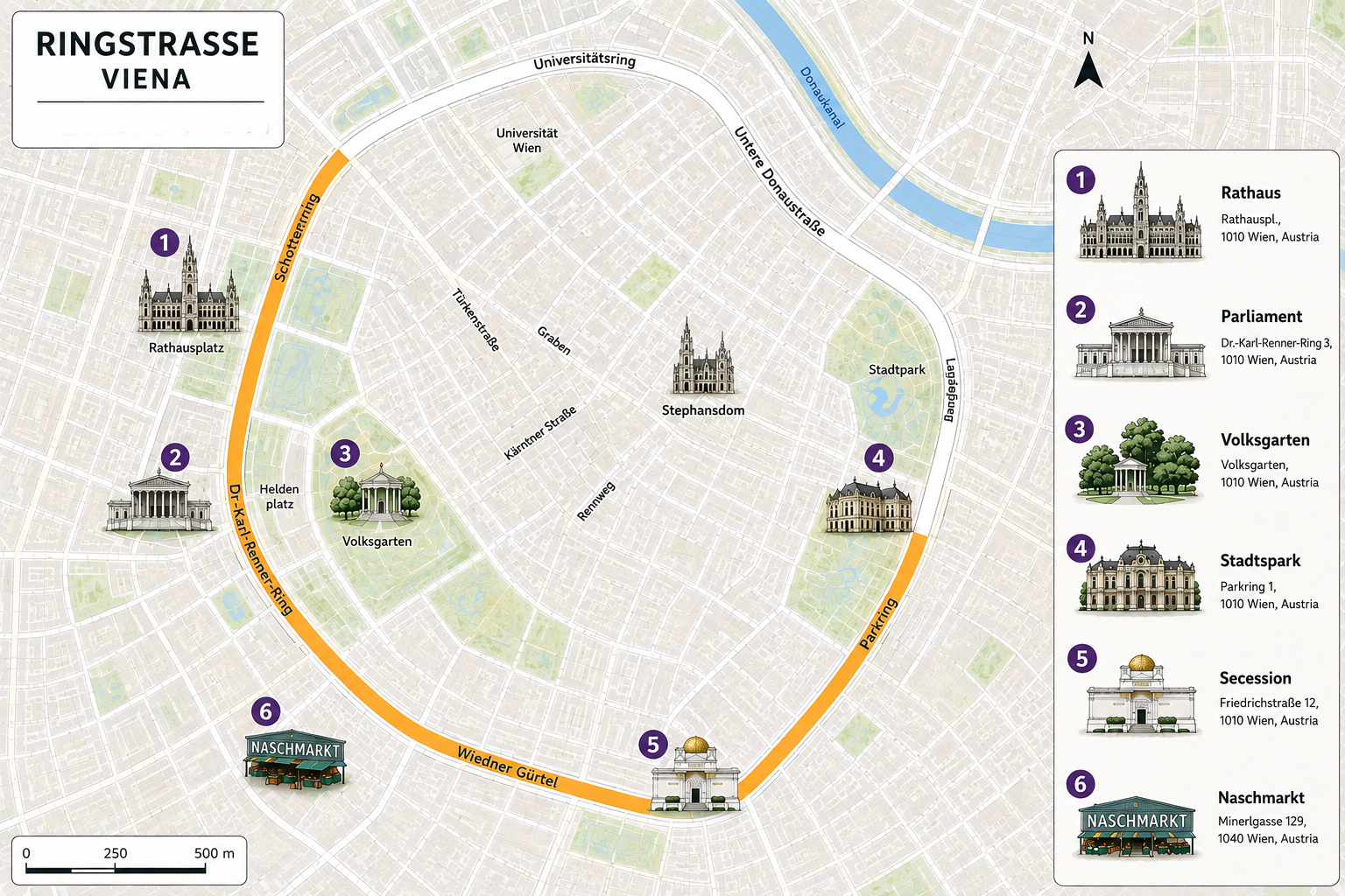 Map of Vienna, Austria, showing landmarks along the Ringstrasse. Key locations include Rathaus, Parliament, Volksgarten, Stadtpark, Secession, Naschmarkt, with their respective icons and a legend on the right. The map features streets, parks, and the Danube river.