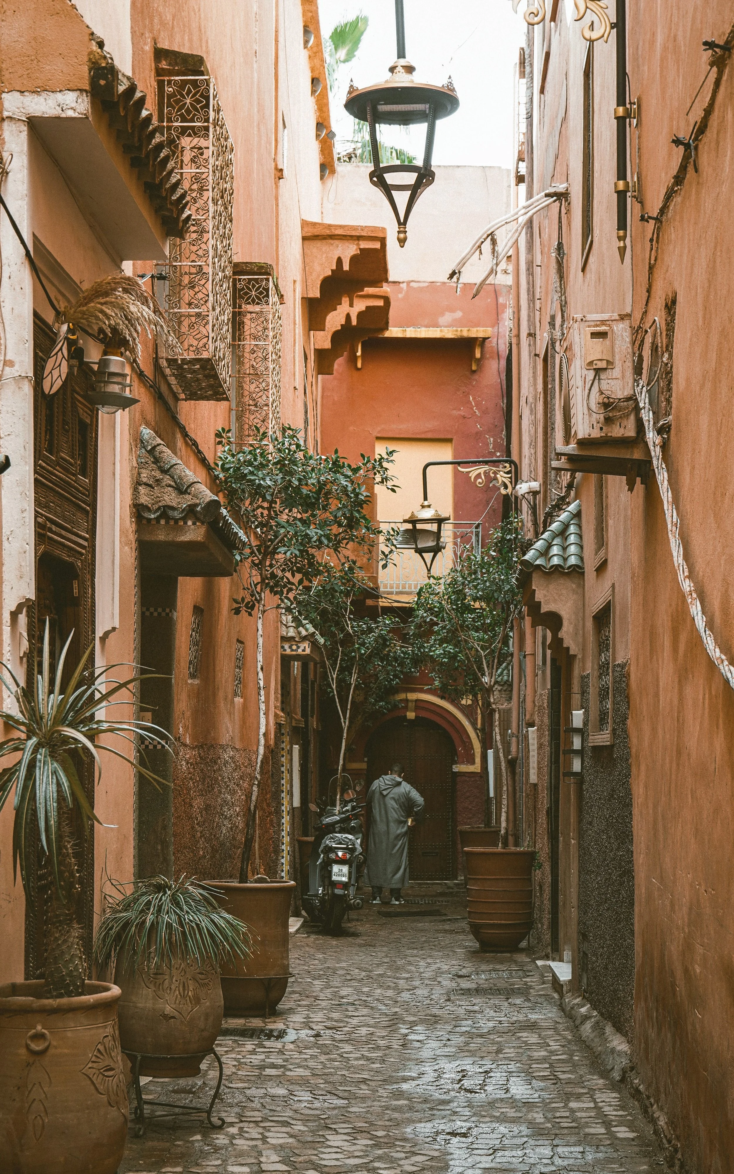 Narrow medina alley lined with terracotta walls, plants and a hanging lantern, Marrakech.