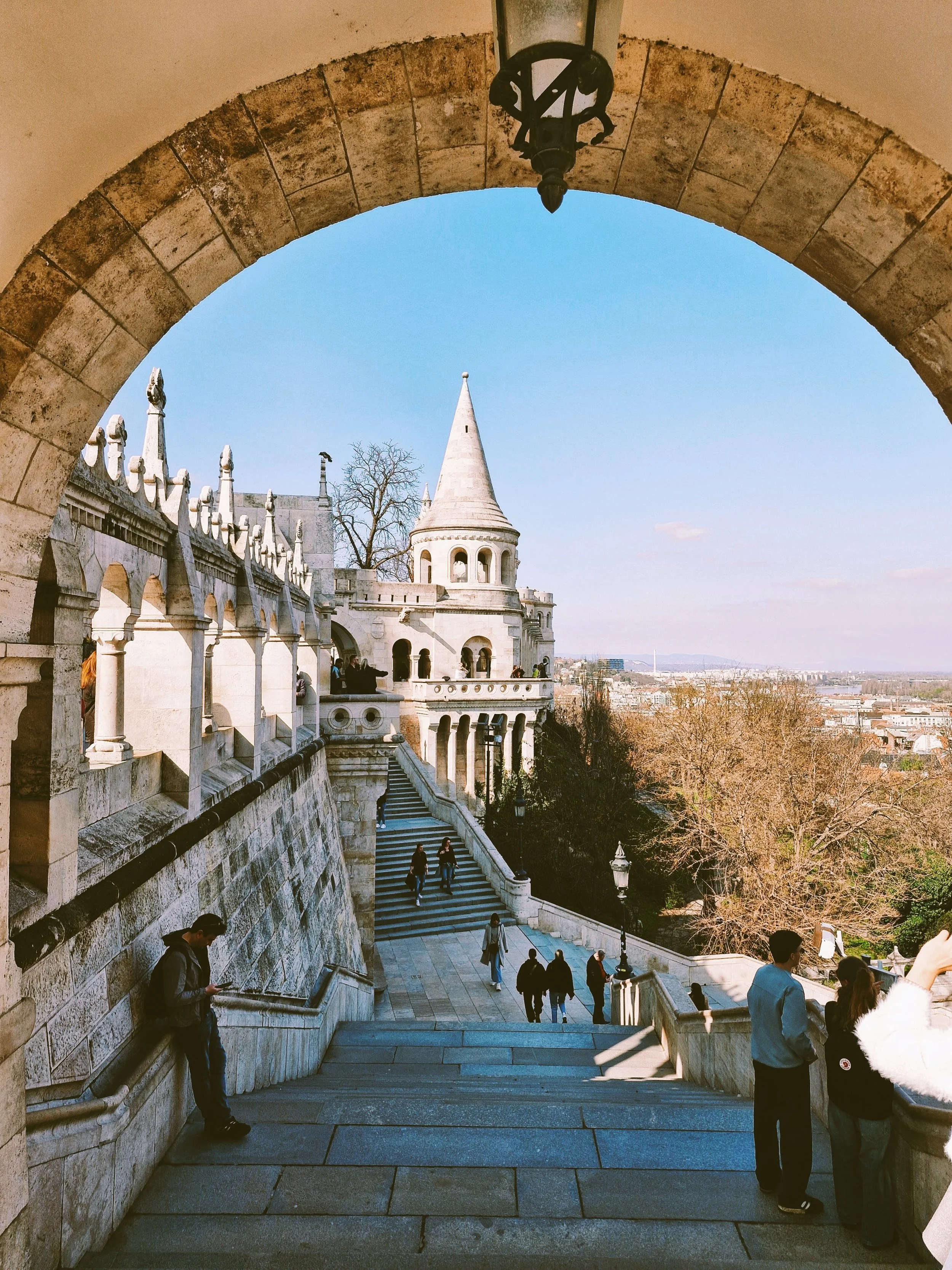 Stone arch and steps leading to a turret at Fisherman's Bastion, Budapest