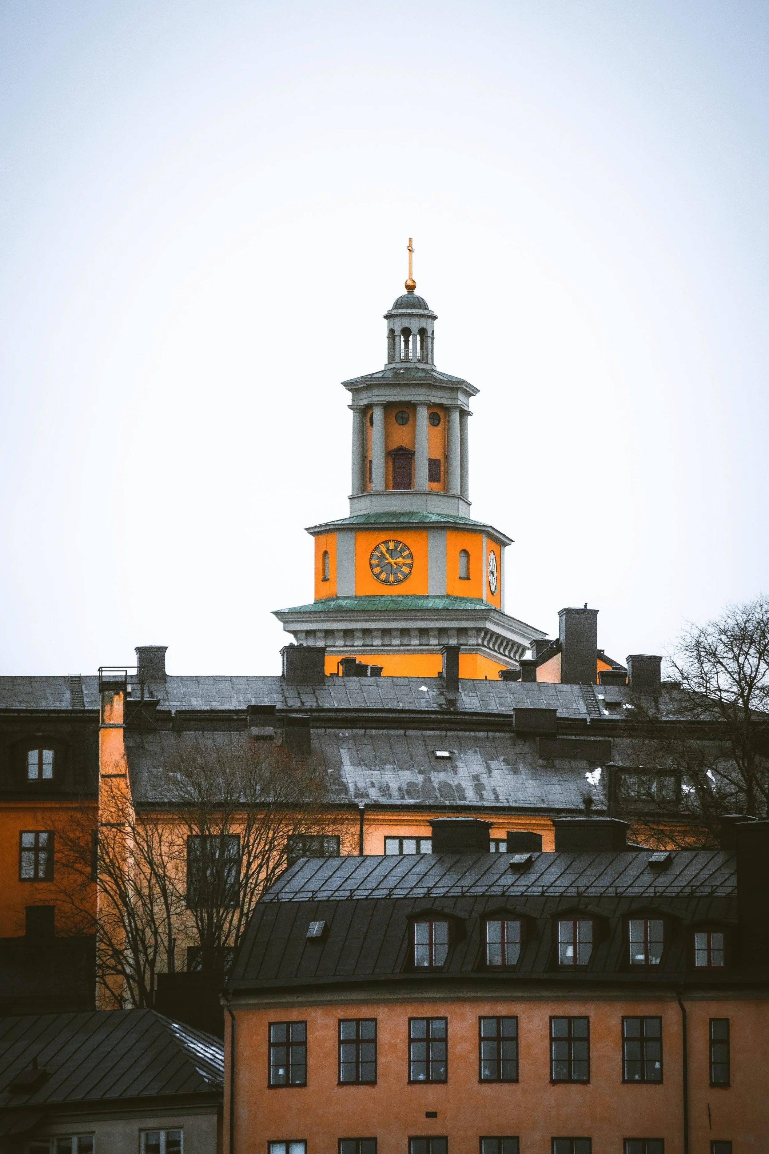Katarina Church rising above the rooftops of Södermalm at dusk, Stockholm