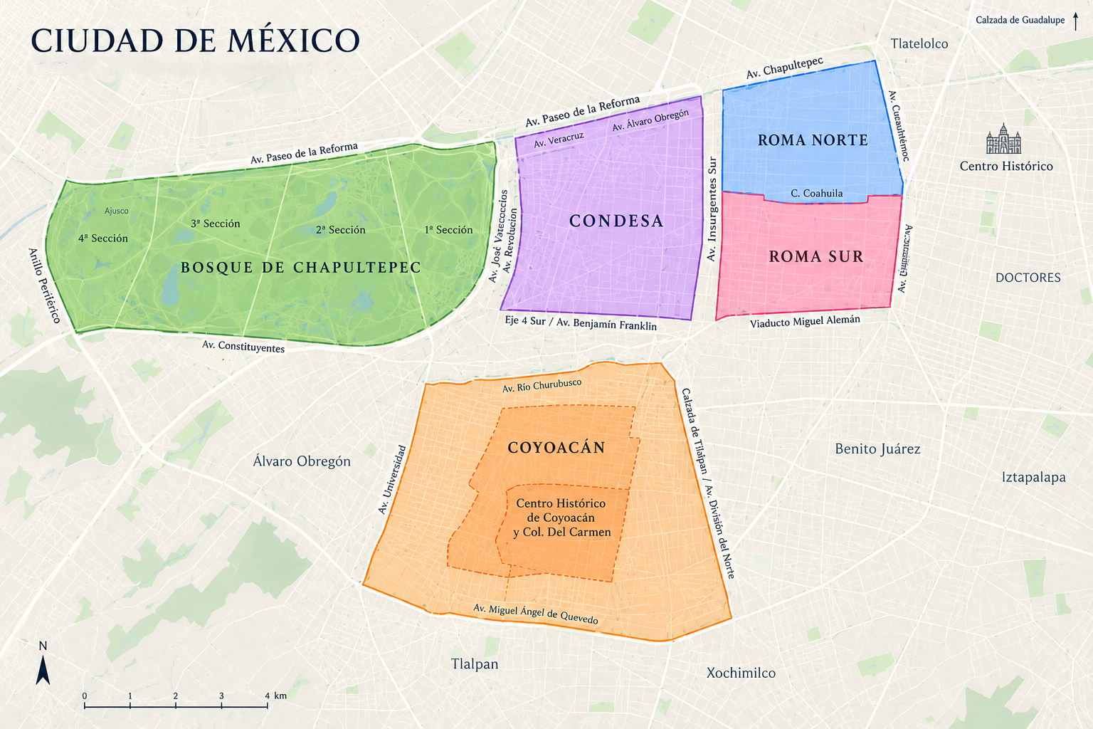 Map of Mexico City divided into neighborhoods: Bosque de Chapultepec in green with four sections, Condesa in purple, Roma Norte in blue, Roma Sur in pink, and Coyoacán in orange, with streets and landmarks labeled.