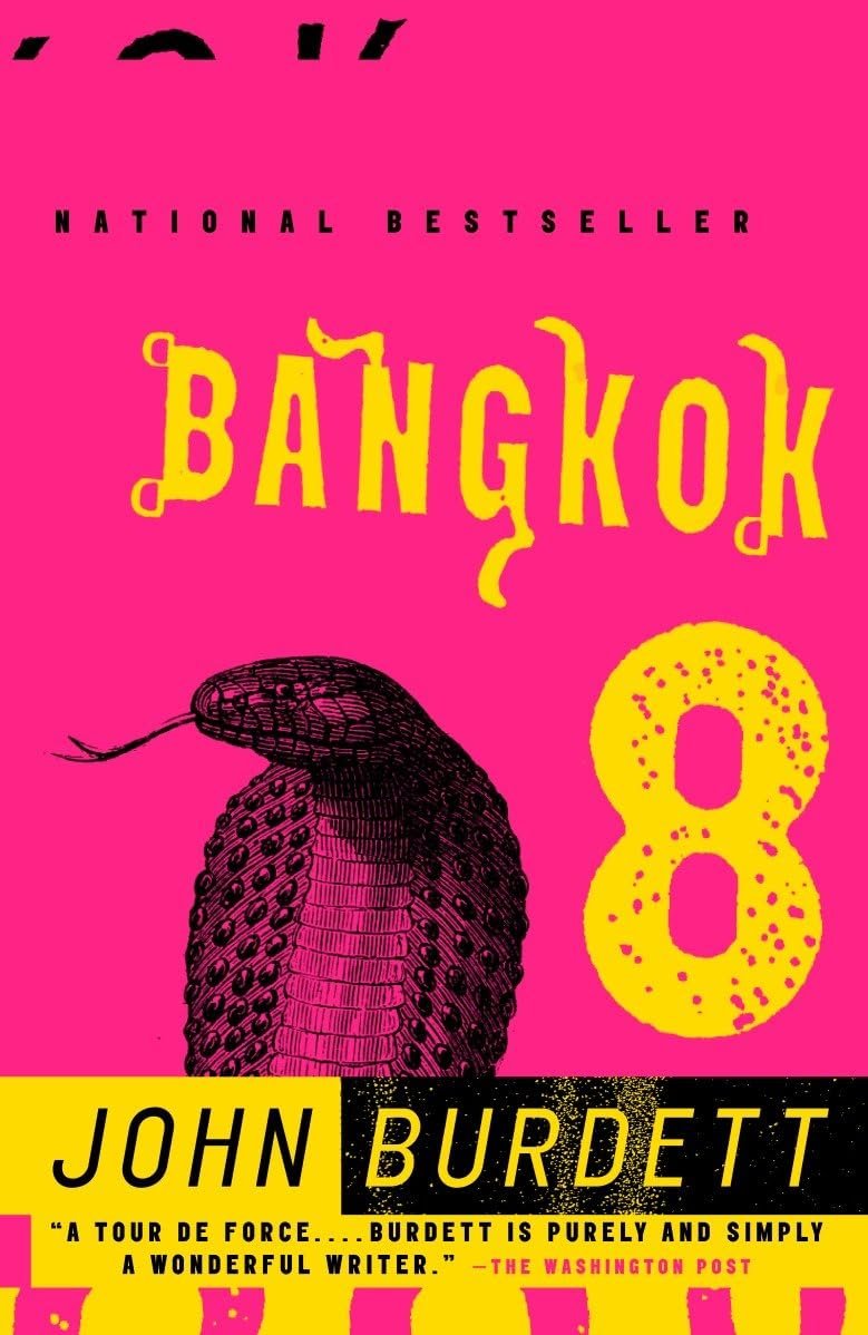 Pink book cover for 'Bangkok 8' by John Burdett.