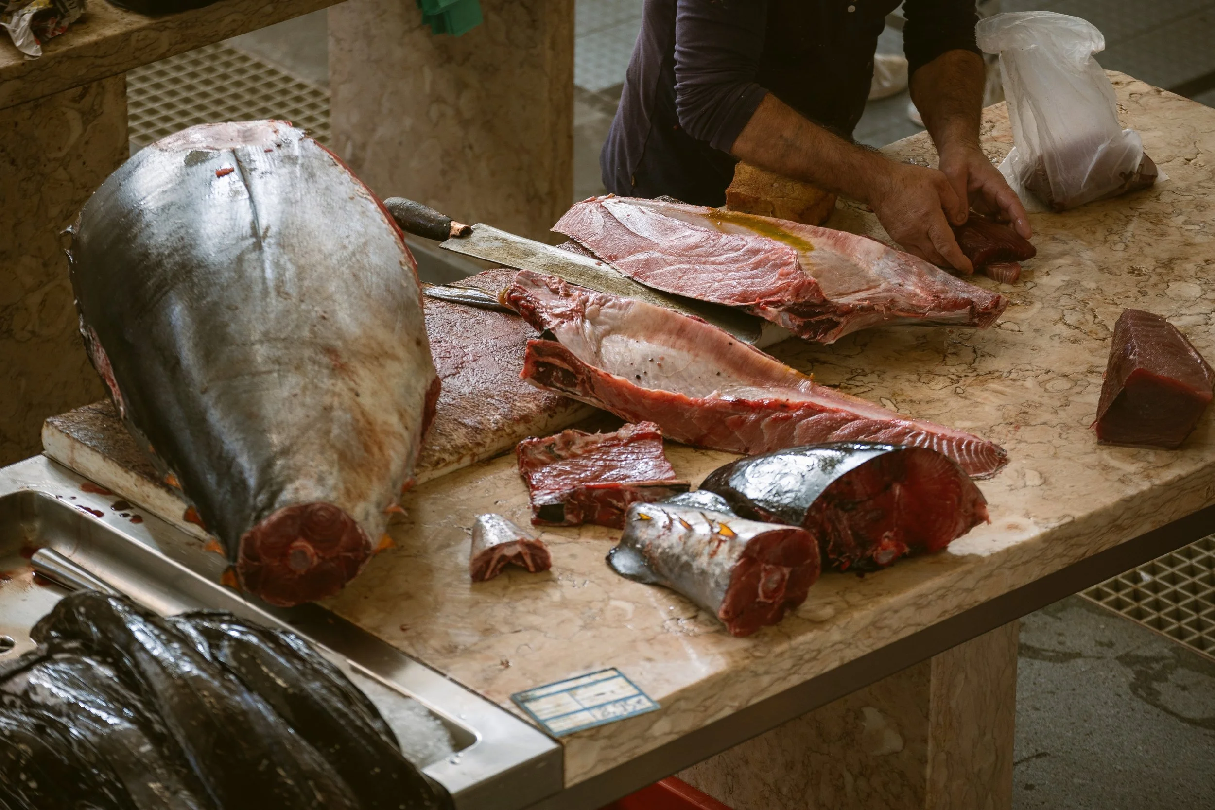 Whole tuna head and cuts of raw fish on a wooden table with hands cutting in the background, Tokyo.
