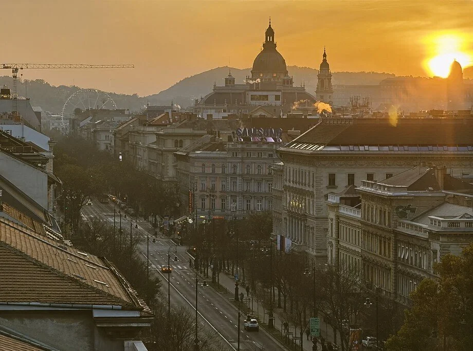 Sunset over Andrássy Avenue with St. Stephen's Basilica in the distance, Budapest