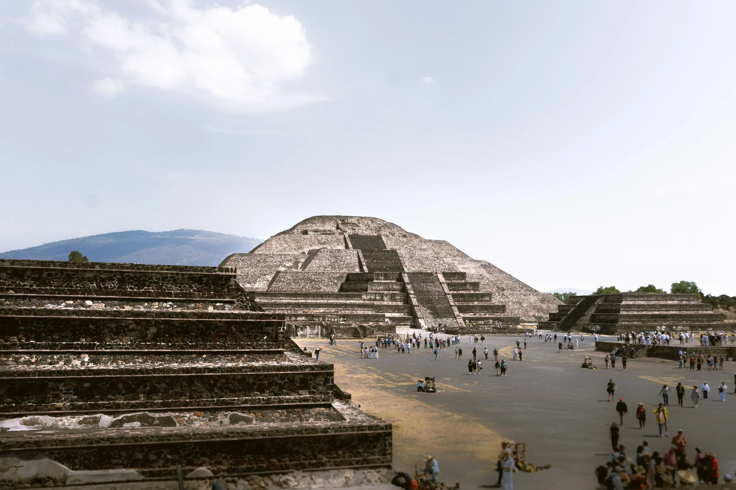 Pyramid of the Sun seen from the stone steps of a nearby platform, Teotihuacán, Mexico.