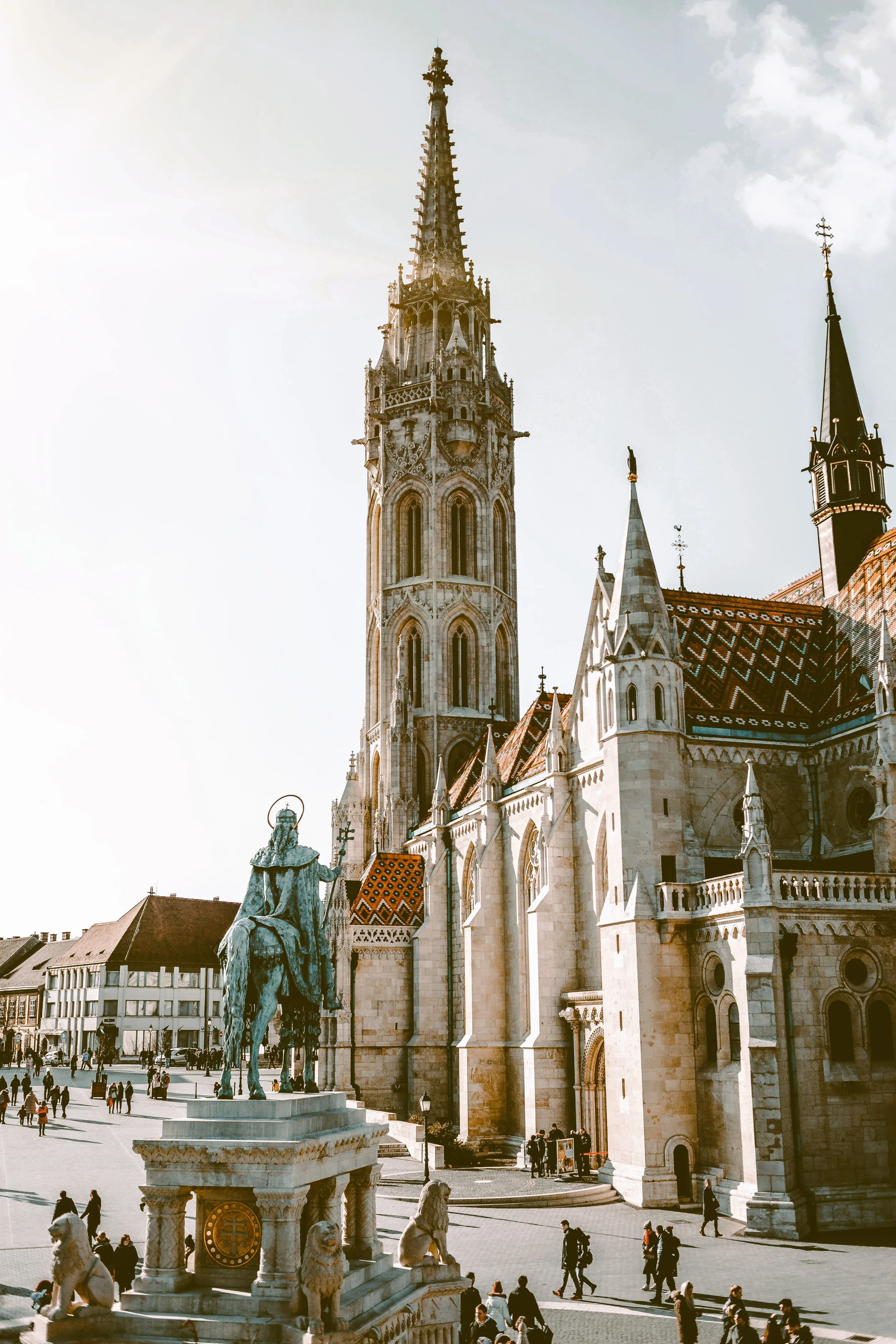 Gothic spire and tiled roof of Matthias Church on Castle Hill, Budapest