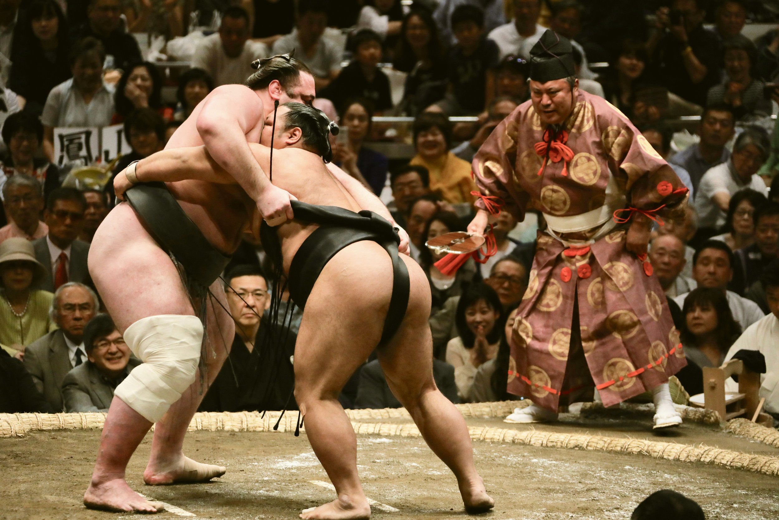 Two sumo wrestlers engaged in a match during a tournament, with a referee in traditional Japanese attire watching closely, and an audience attentively observing in the background.