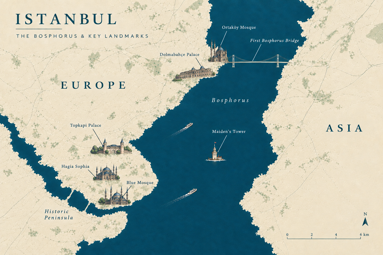 Map of Istanbul showing major landmarks such as Topkapi Palace, Hagia Sophia, Blue Mosque, Dolmabahçe Palace, Ortaköy Mosque, First Bosphorus Bridge, and Maiden's Tower, with the Bosphorus Strait dividing Europe and Asia.