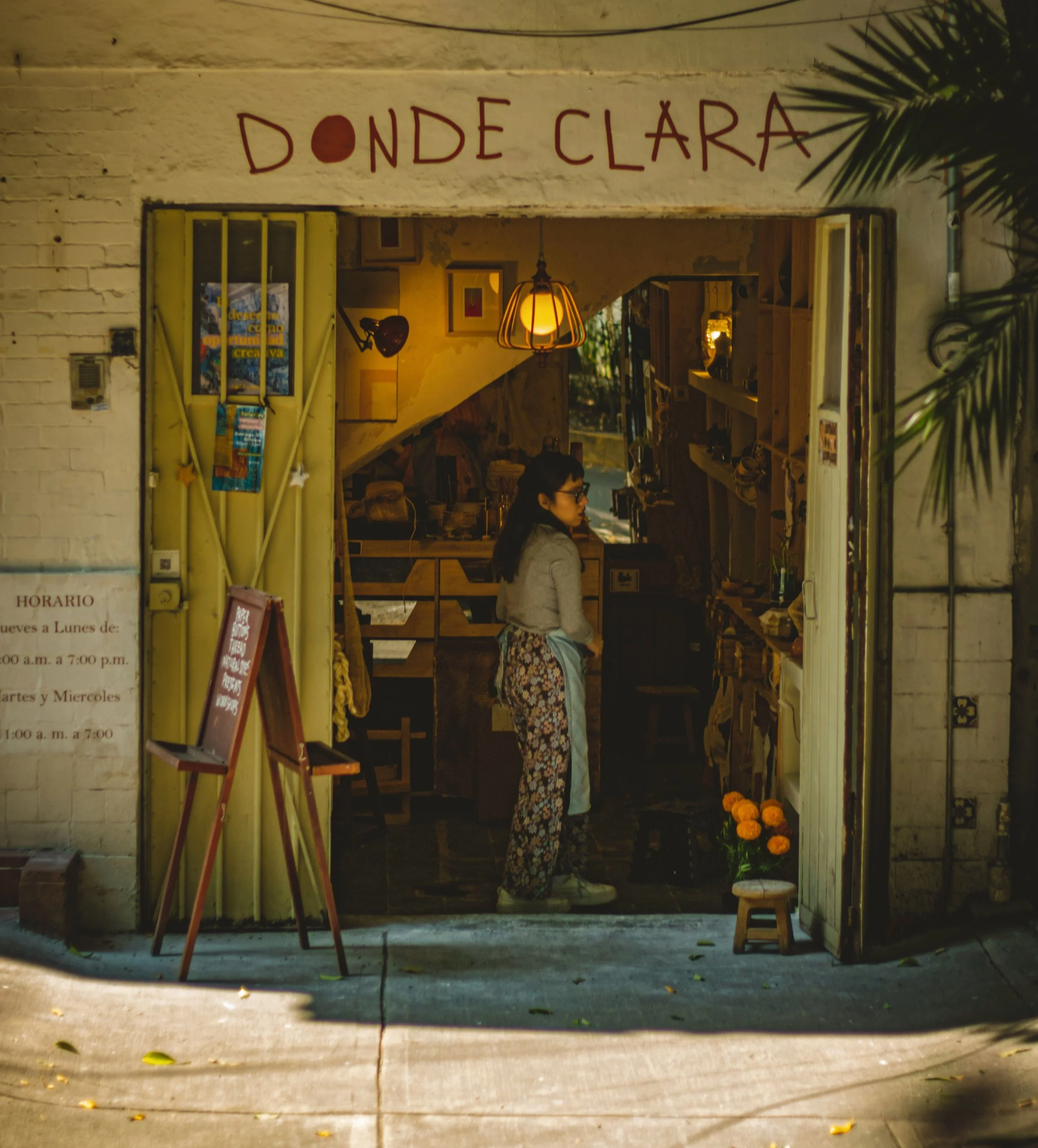 Entrance of Donde Clara shop with a person standing in the doorway, framed by plants and warm light, Condesa, Mexico City.