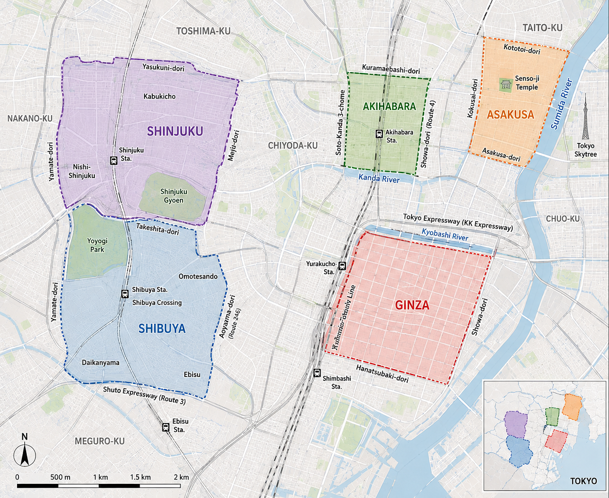 Map of four Tokyo districts highlighted in different colors: Shinjuku in purple, Akihabara in green, Asakusa in orange, and Ginza in red, showing main train stations and rivers.
