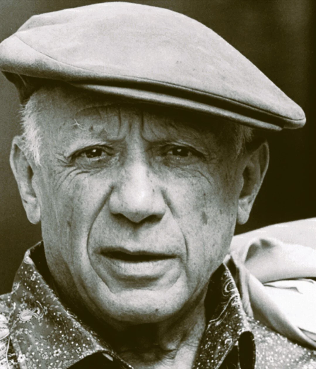 Black and white close-up portrait of Pablo Picasso