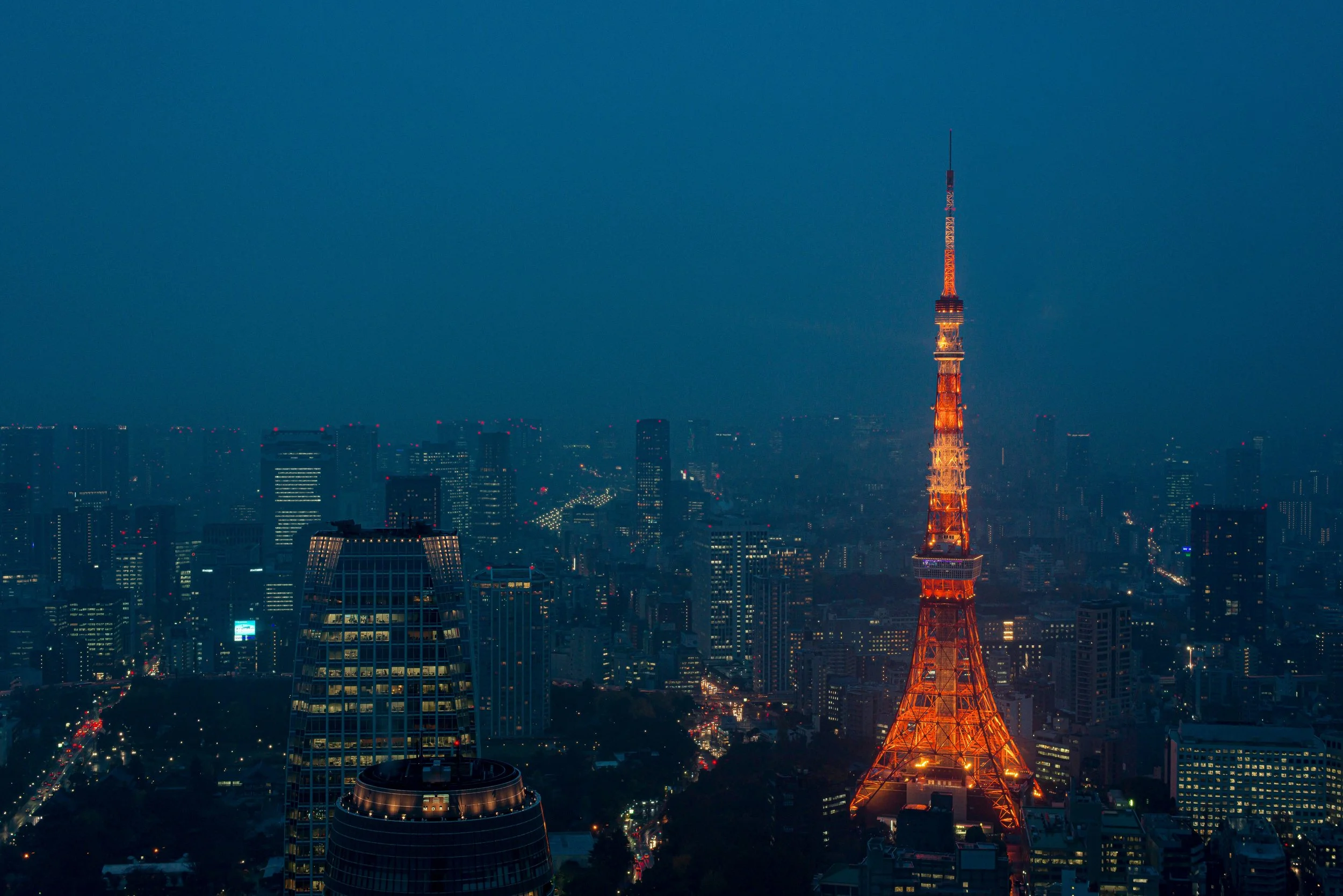 Tokyo Tower glowing orange above the misty city skyline at dusk, Tokyo.