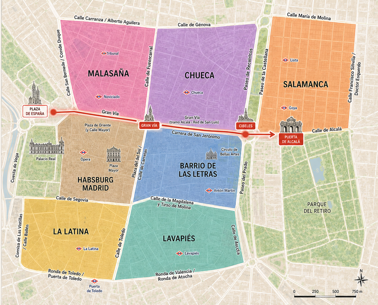 Color-coded map of central Madrid neighborhoods from Malasaña to Lavapiés, Madrid