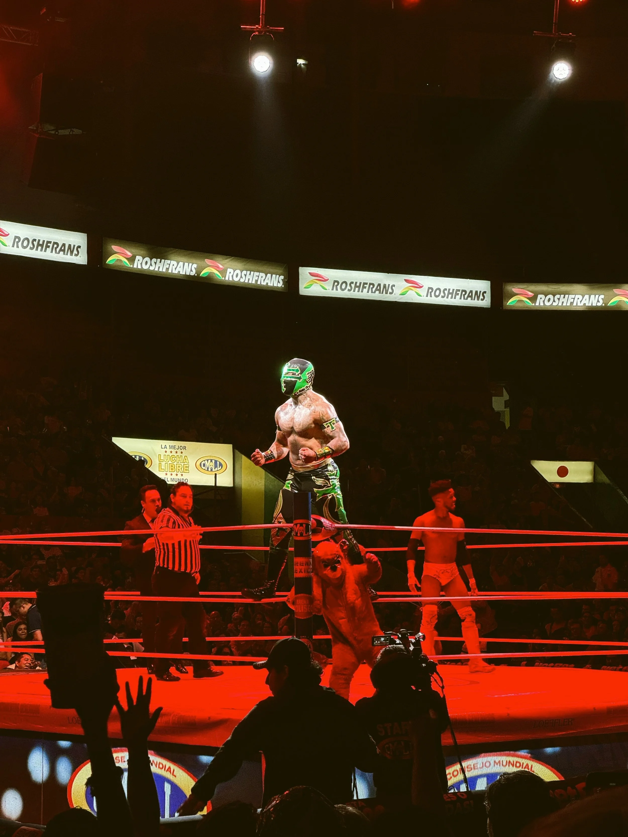 Lucha libre wrestler on the ropes in a red-lit ring with spectators below, Mexico City.