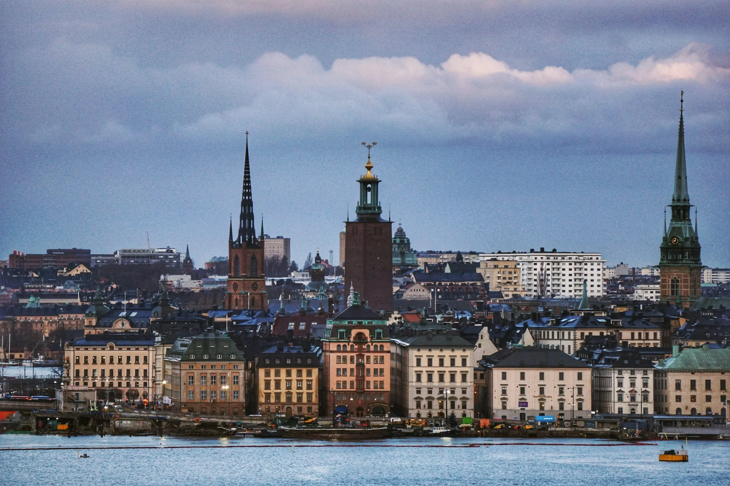 Gamla Stan skyline with church spires across the water, Stockholm