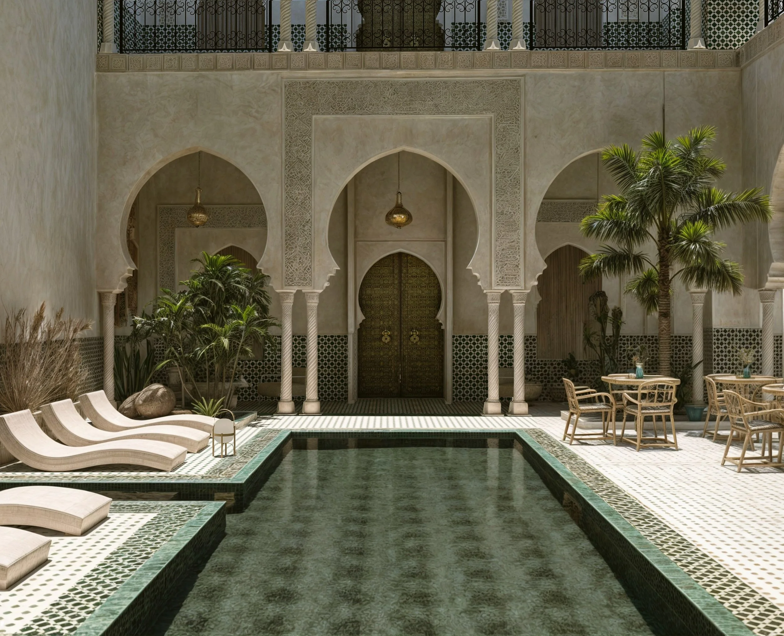 Riad pool courtyard with horseshoe arches, loungers and palm plants around a dark green tiled pool, Marrakech.
