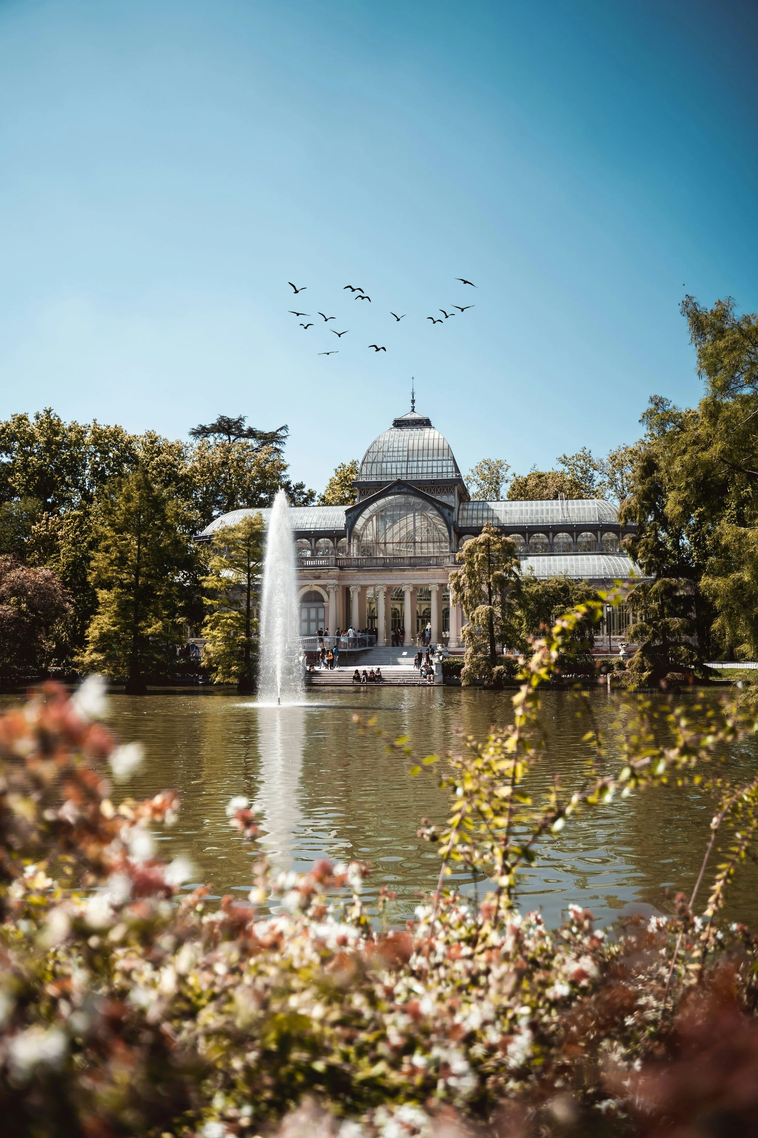 Palacio de Cristal reflected in its pond in Retiro Park, Madrid, with pink flowers in the foreground