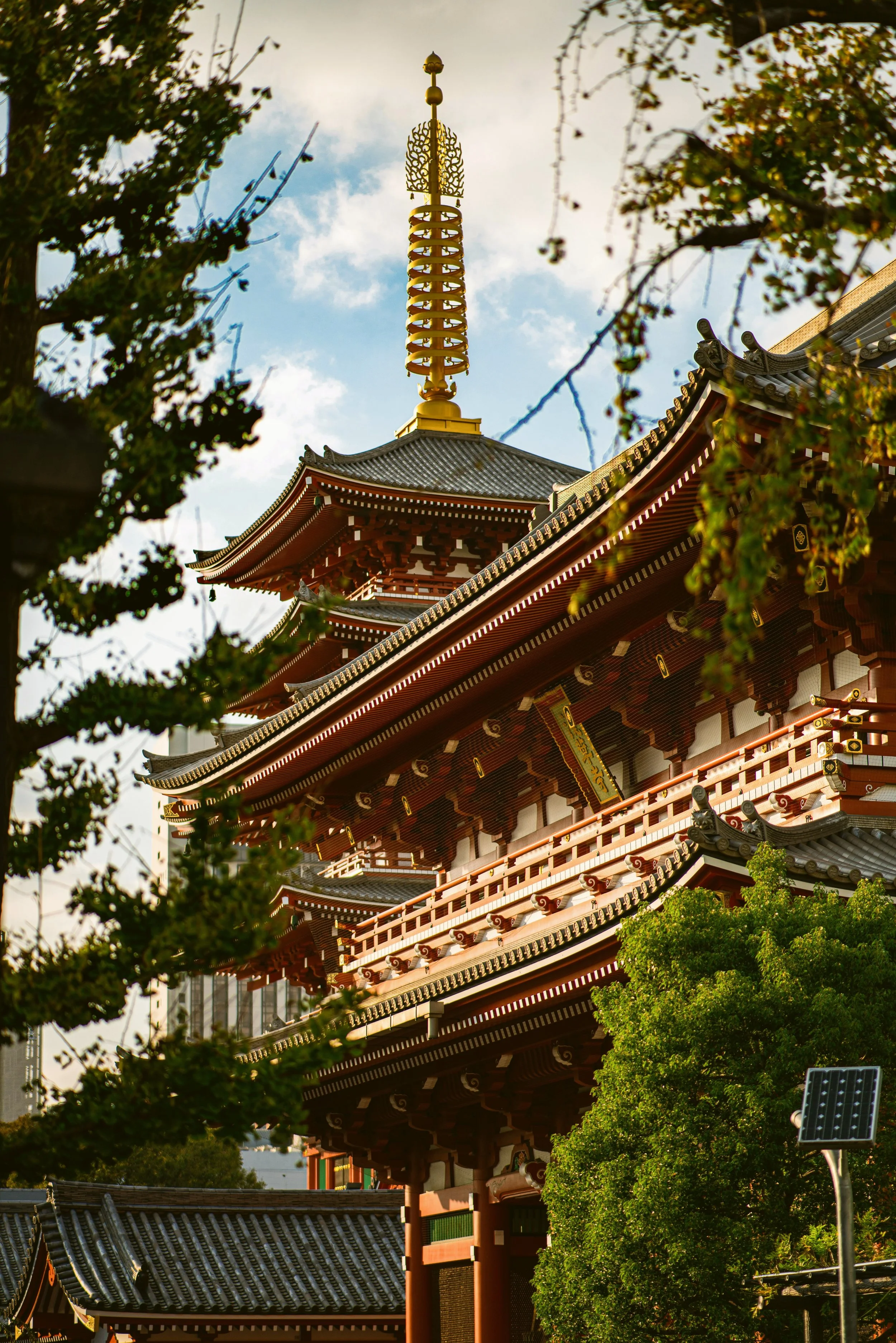 Five-story pagoda with red lacquered tiers and a golden spire among trees, Sensō-ji, Asakusa, Tokyo