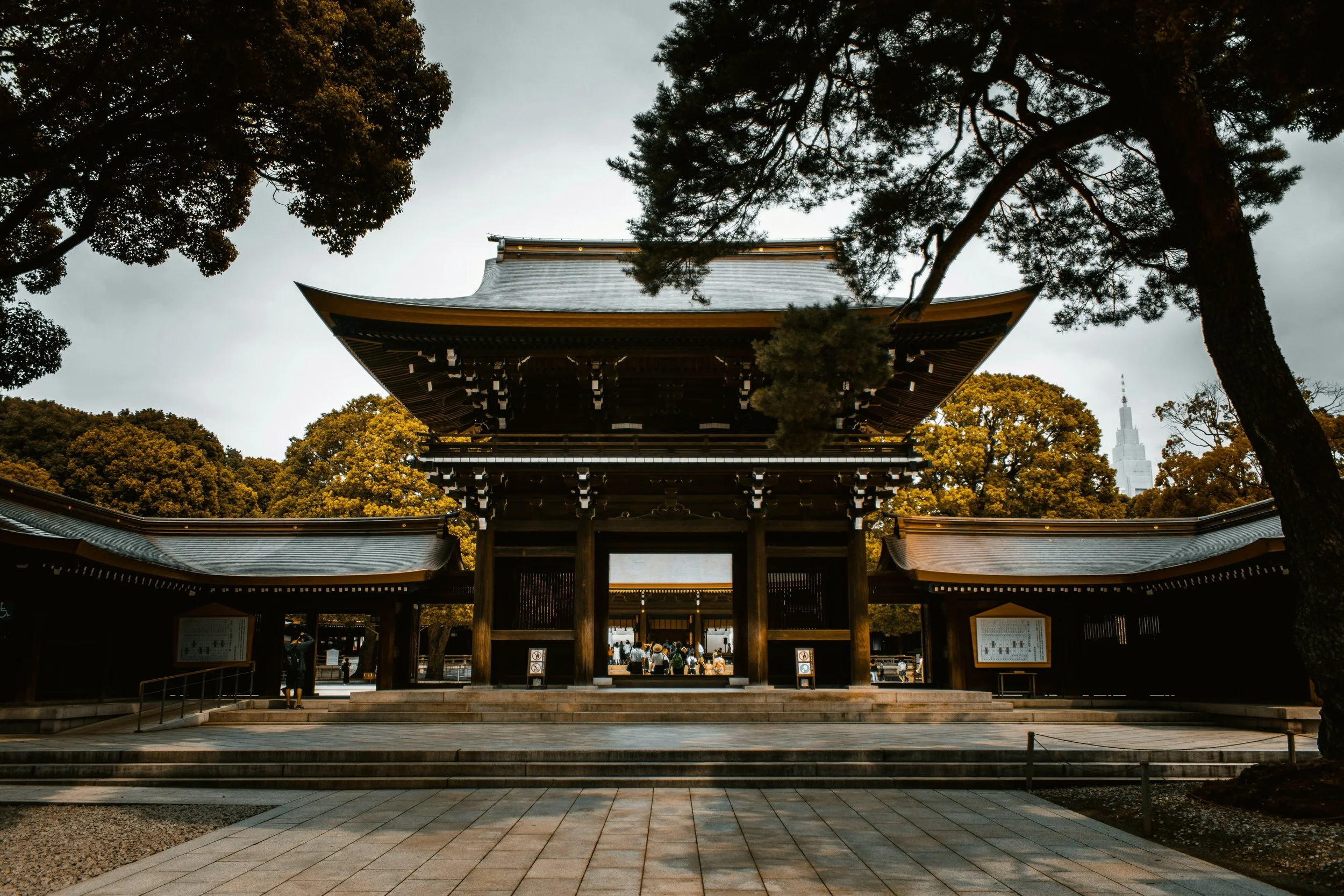 Wooden shrine gate framed by pine trees under an overcast sky, with a skyscraper visible in the distance, Meiji Jingu, Tokyo