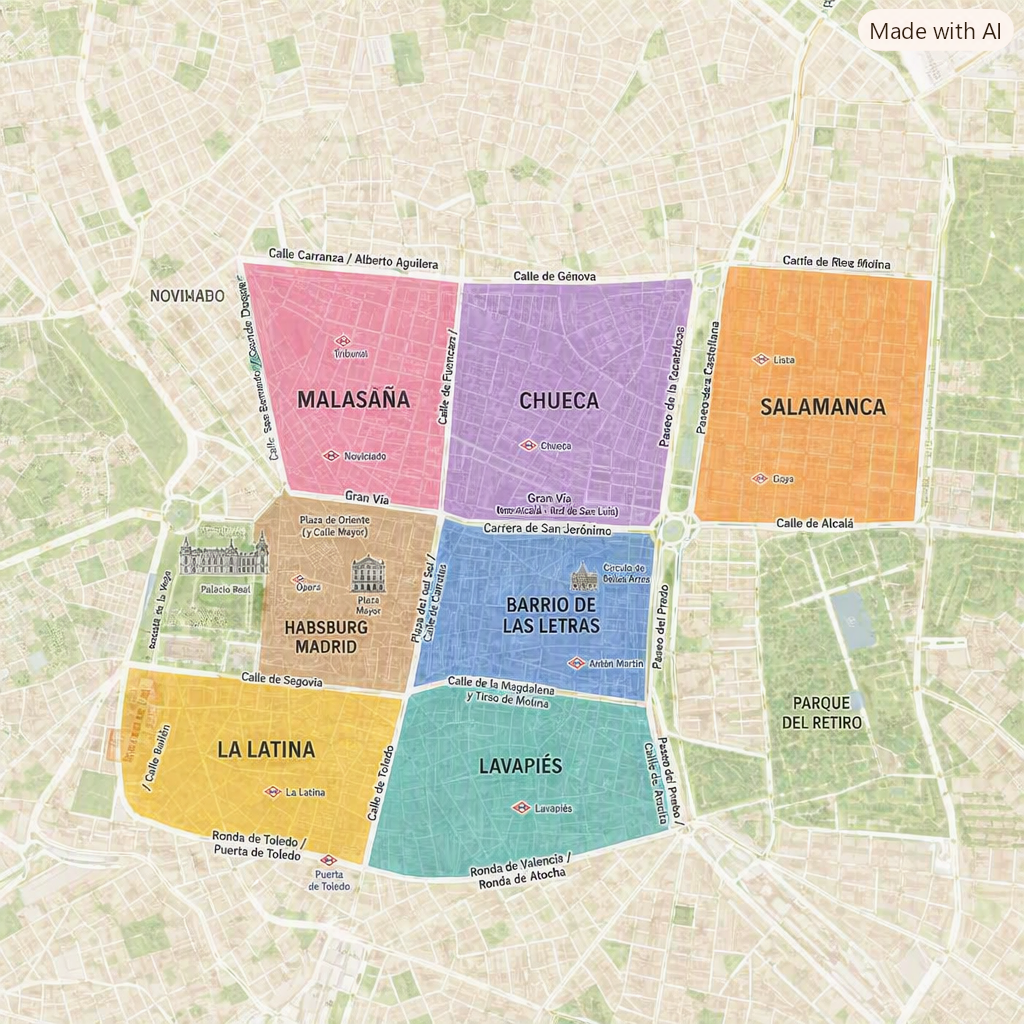 Map of Madrid's central neighborhoods with street names and landmarks, Madrid