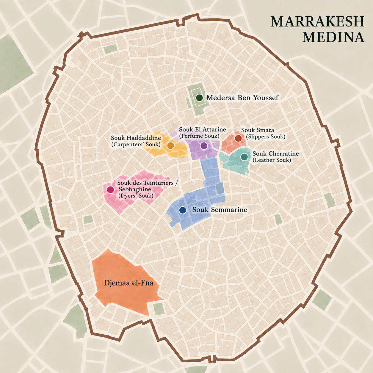 Map of Marrakesh Medina showing different souks and key landmarks, including Medersa Ben Youssef, Djemaa el-Fna, Souk Haddadine, Souk El Attarine, Souk Smata, Souk Cherratine, Souk des Teinturiers / Sebbaghine, and Souk Semmarine.