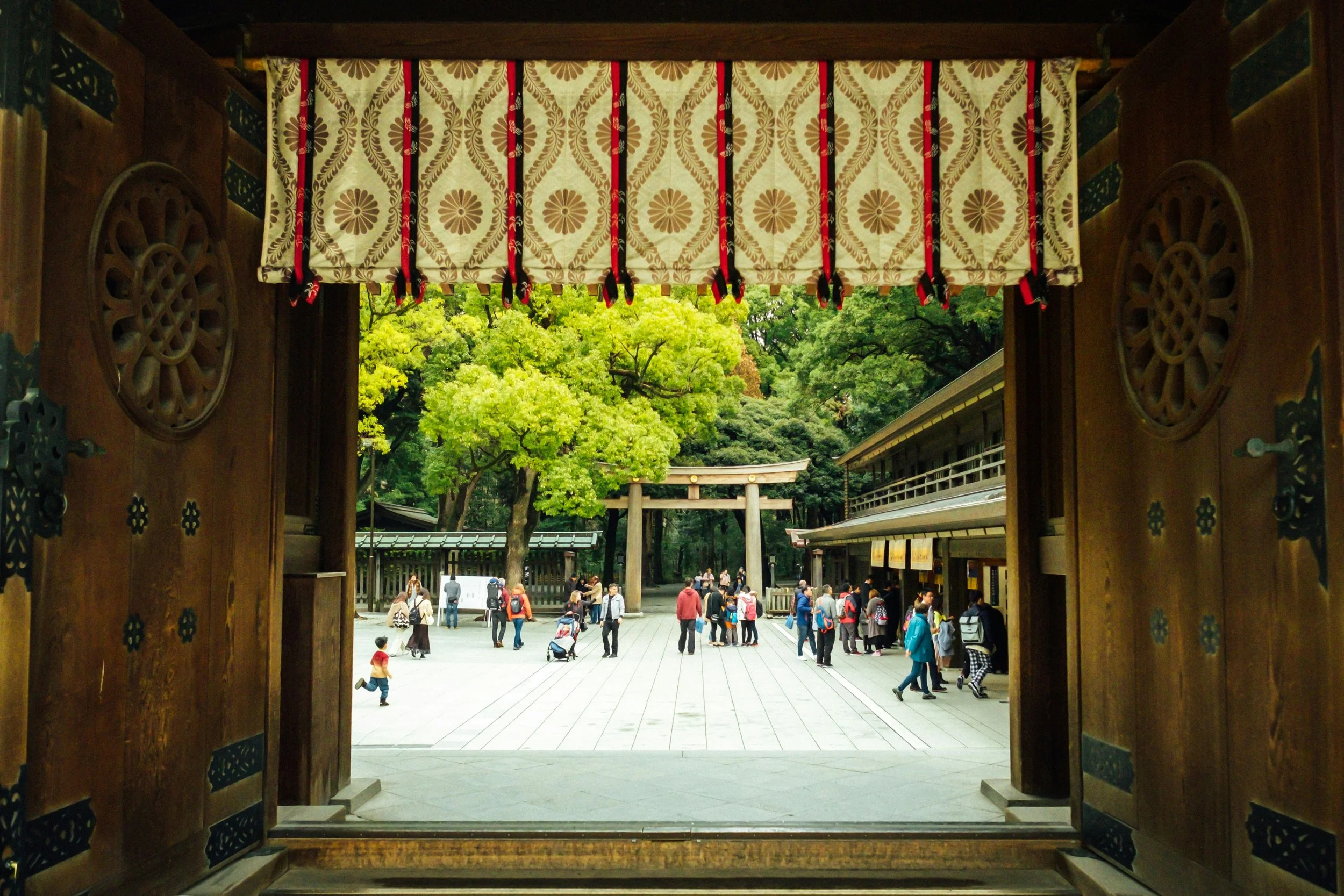 View through the open wooden doors of the shrine onto a sunlit courtyard with visitors and a torii gate, Meiji Jingu, Tokyo