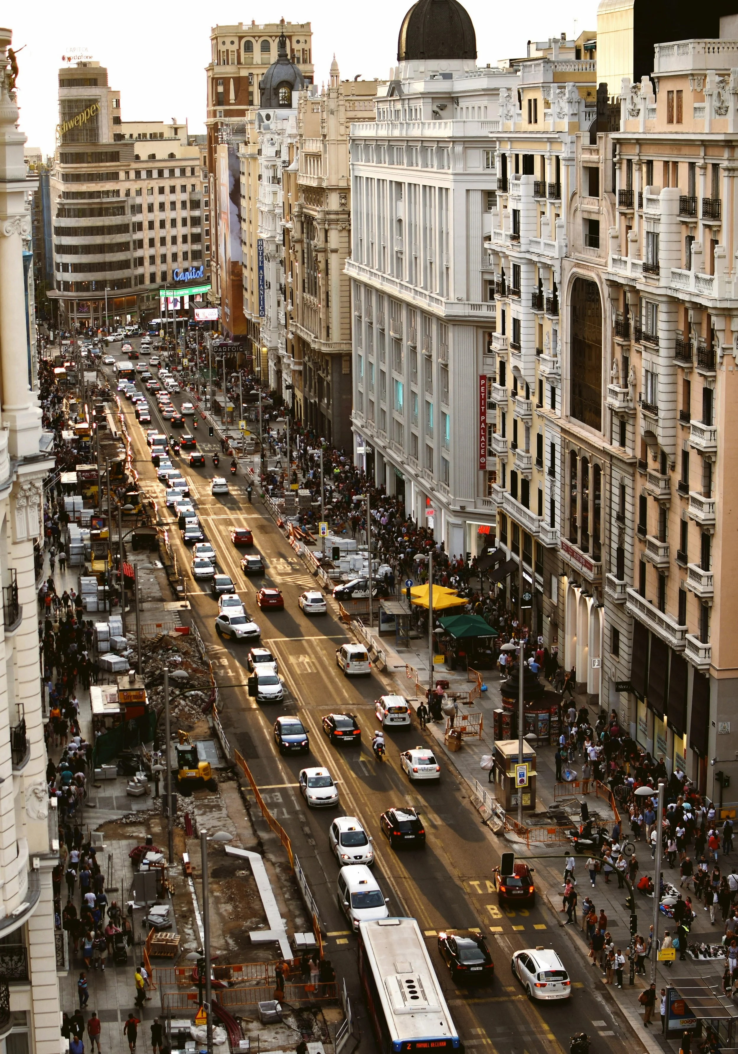 Gran Vía seen from above, a busy avenue lined with historic buildings, Madrid