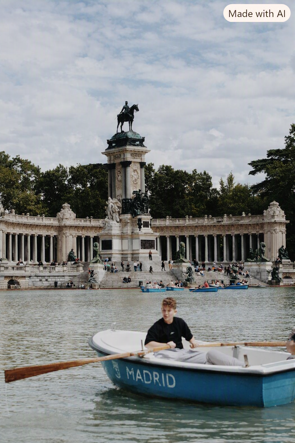 Person rowing a boat on the Retiro pond with the Alfonso XII Monument behind, Madrid