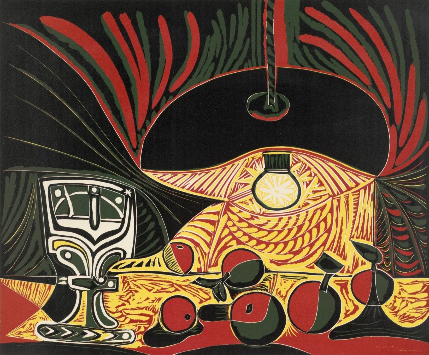Abstract artwork featuring a yellow and black chameleon on a black background, with red, green, and yellow foliage, a hanging light bulb, and various geometric shapes.