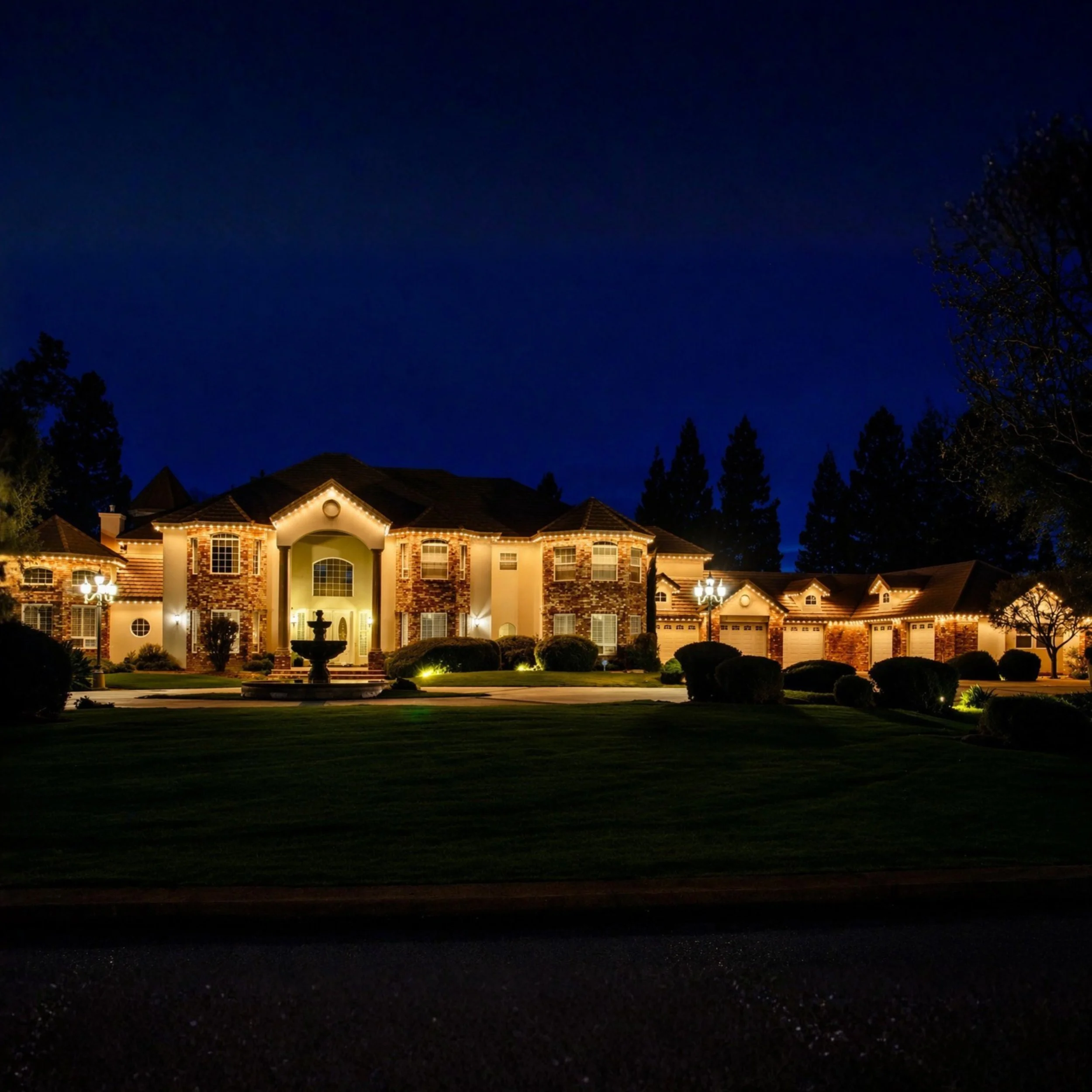 Nighttime view of a large house with illuminated windows and decorative lighting, surrounded by trees and a well-manicured lawn.