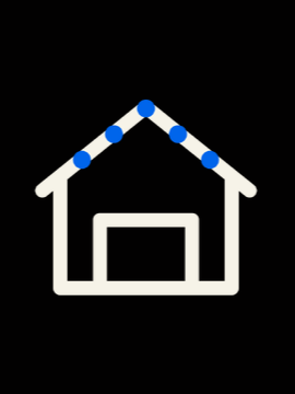 Outline of a house with a string of colorful lights hanging across the roof