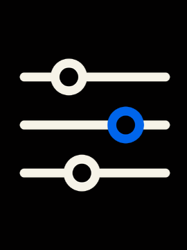 Graphic of three horizontal sliders with circles, one with a blue circle, on a black background.