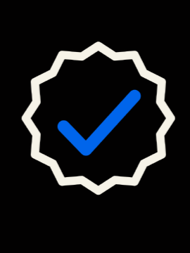 A white badge with a blue check mark in the center on a black background.