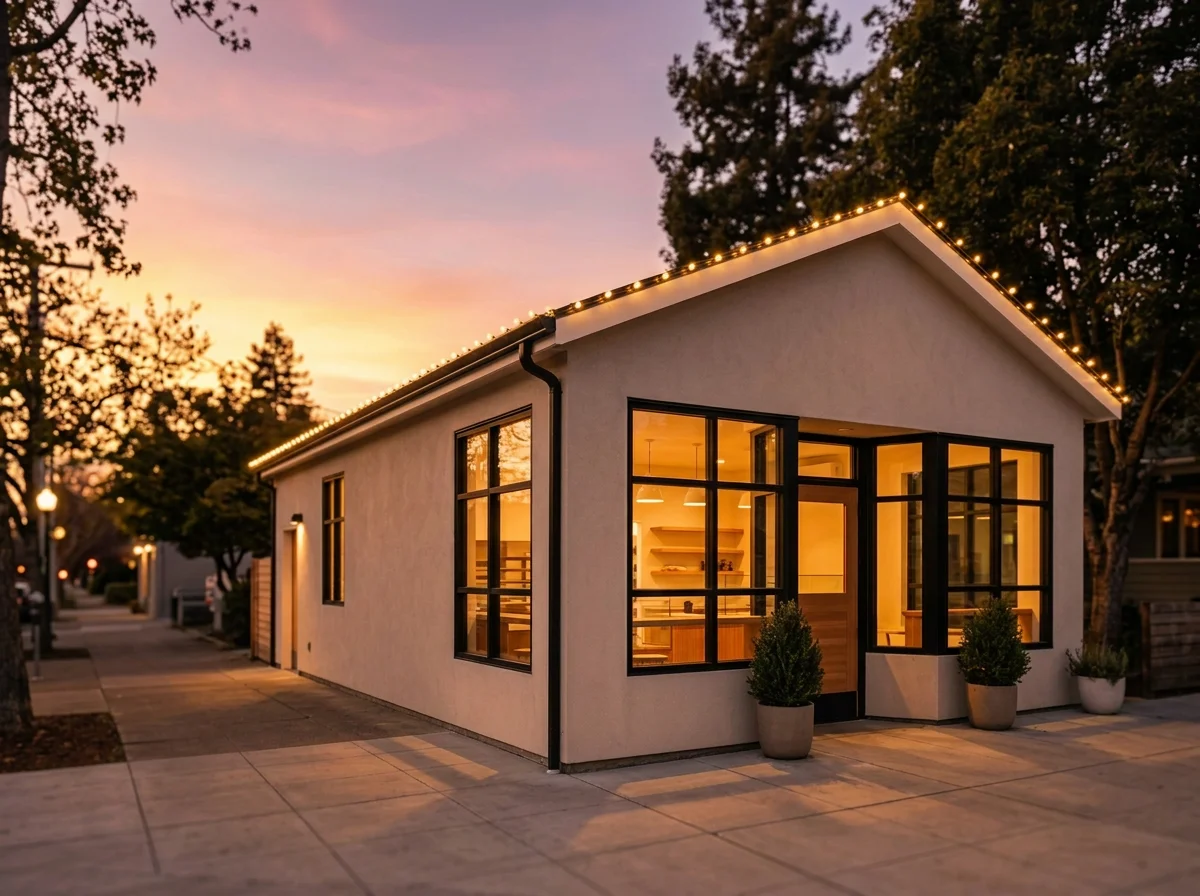 A modern single-story house at sunset, illuminated from inside, with large windows, string lights along the roof, and potted plants outside.