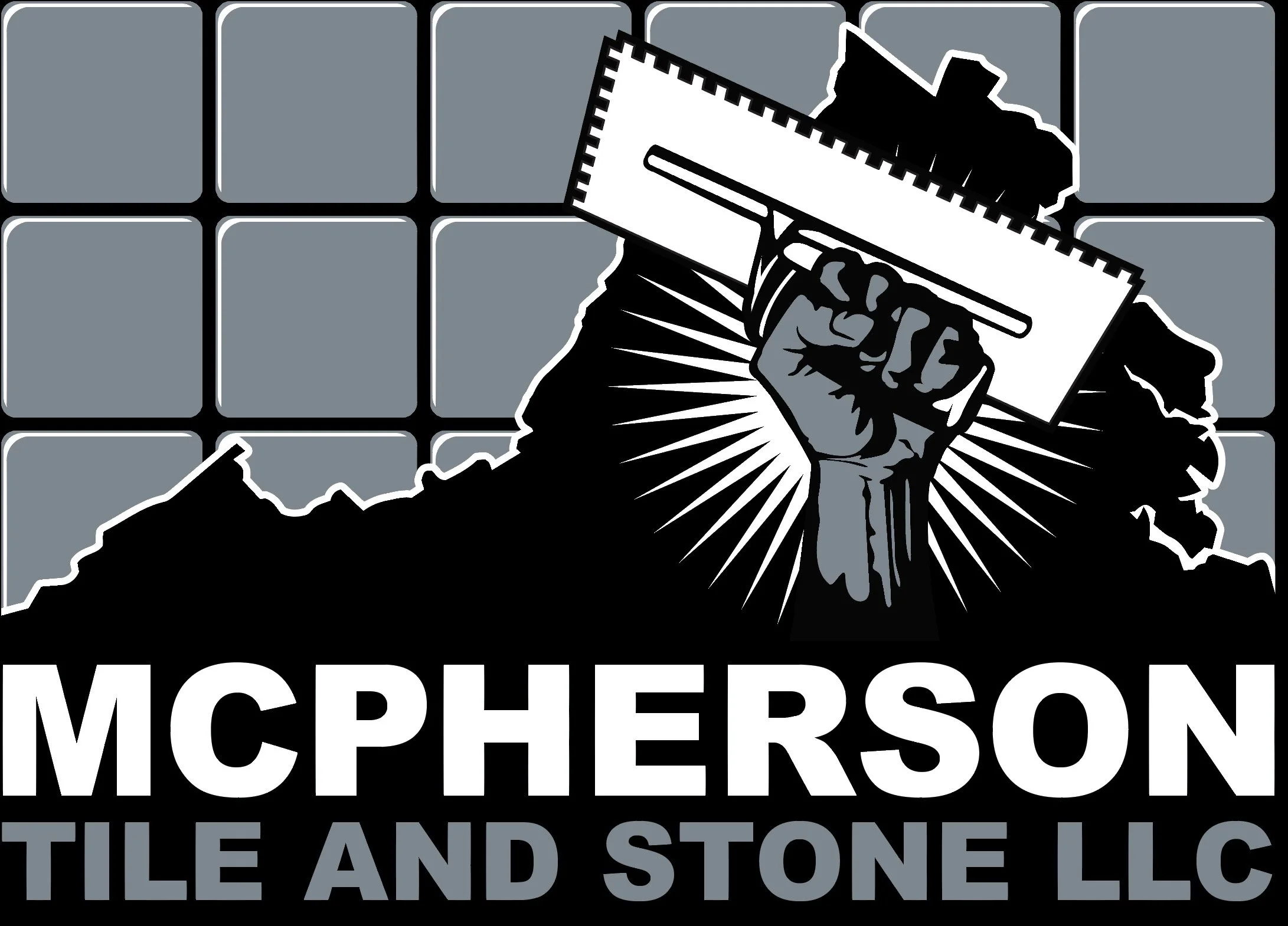 A logo featuring a clenched fist holding a carpenter's square, set against a background of a map outline. Text on the logo reads 'McPherson Tile and Stone LLC'.