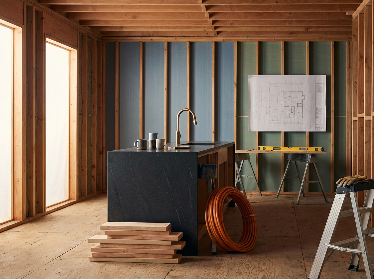 Interior of a partially constructed home with exposed wooden framing, a black kitchen island with a sink and mug on top, a coiled orange pipe, a level on sawhorses near a wall with blueprint, and an aluminum ladder.