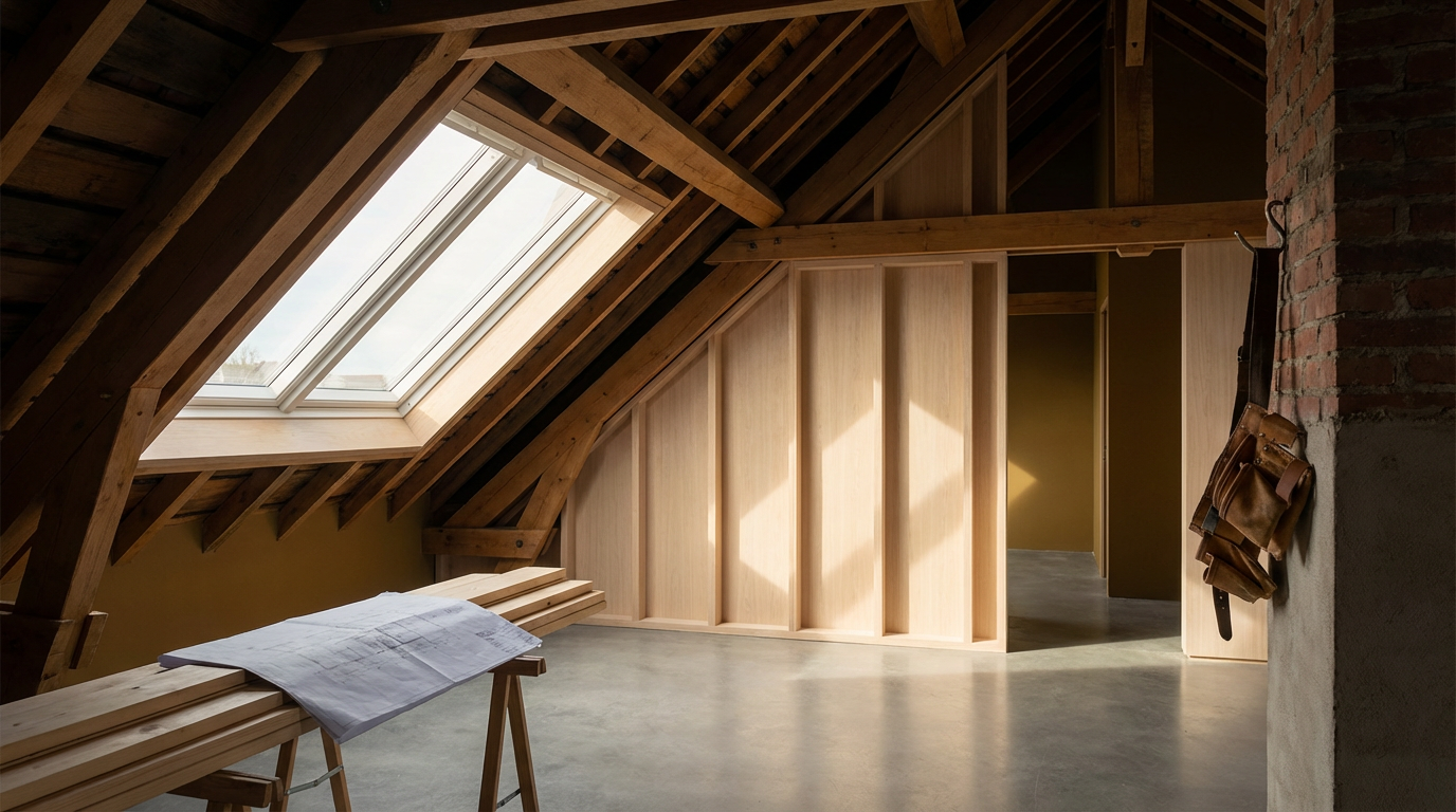 An attic under construction with wooden framing, a skylight window, a table with papers, and a hanging tool pouch.