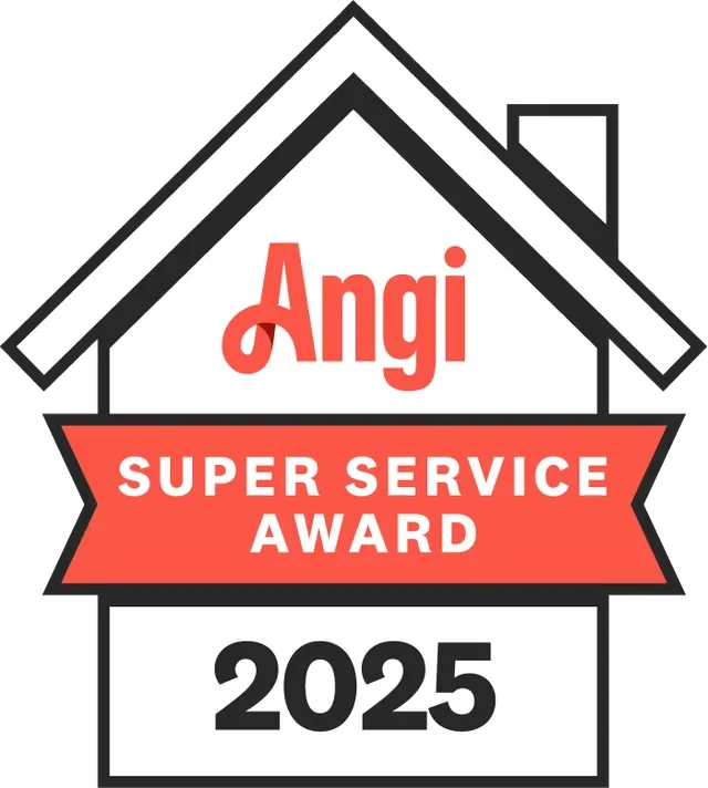 A logo for Angi Super Service Award 2025 for Fairfield Country CT, featuring a house outline with a red banner and black and white text.