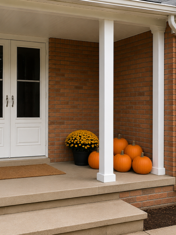 Pumpkins and a potted yellow chrysanthemum on a porch in front of a brick house with white columns and door.