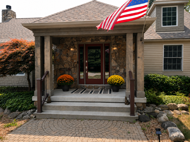 Front porch of a house with a stone facade, wooden columns, a glass door, potted mums, an American flag, and a brick and stone pathway.
