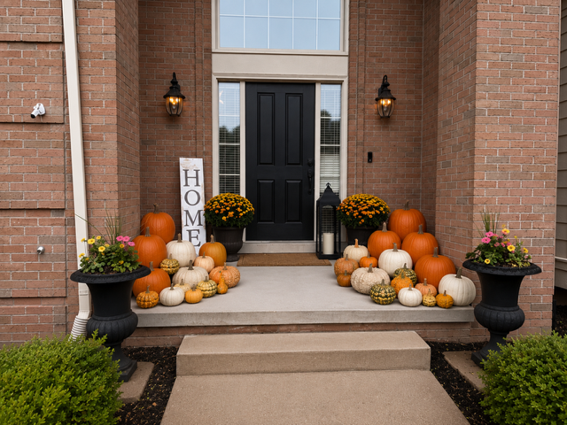 Front porch decorated with pumpkins, potted flowers, and a 'HOME' sign for fall or Halloween.